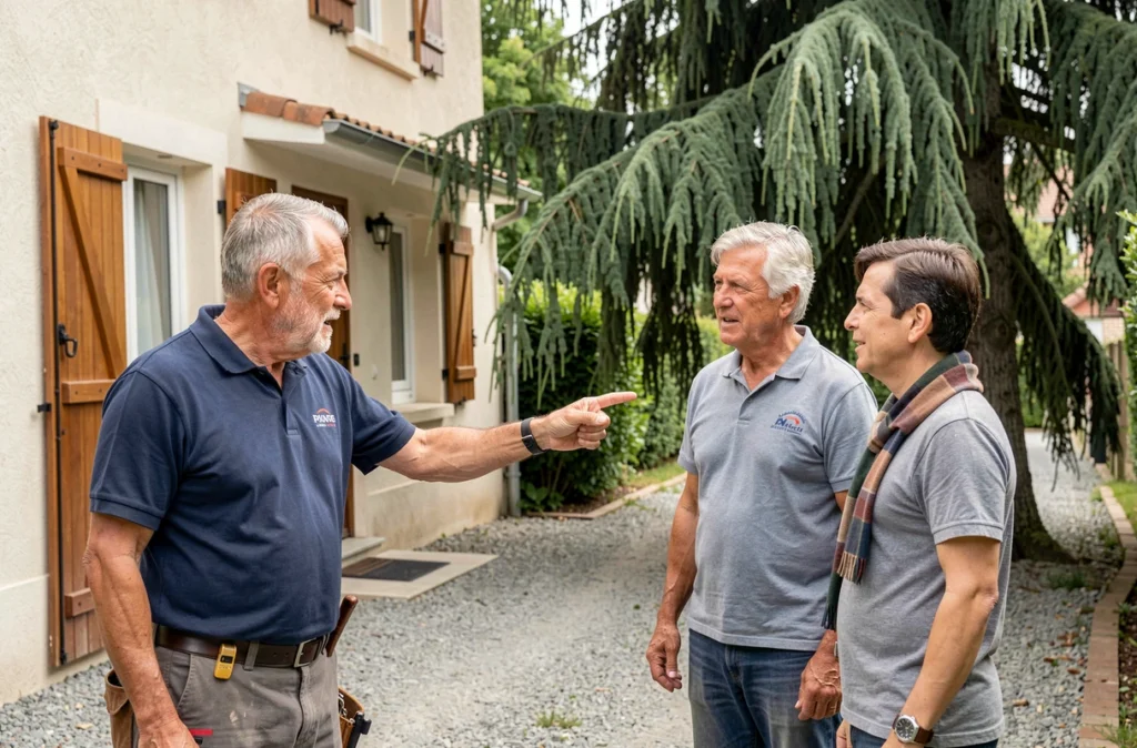 Artisan élagueur discutant avec des propriétaires devant un cèdre envahi dans un quartier de Lyon