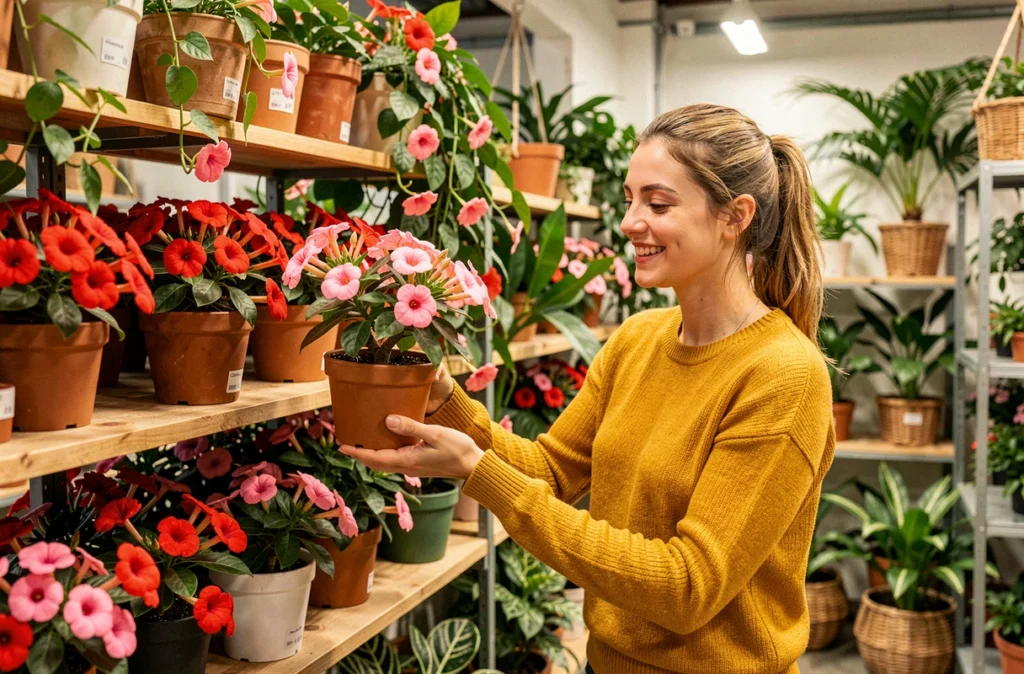 Boutique Au Dipladenia à Lille avec des plantes tropicales en fleurs et une cliente choisissant un dipladenia rose parmi les étagères colorées