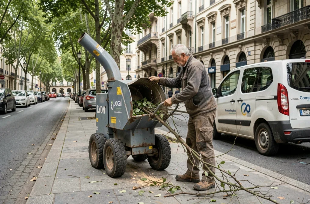 Élagueur utilisant un broyeur de branches sur un boulevard de Lyon avec véhicule de société garé à proximité