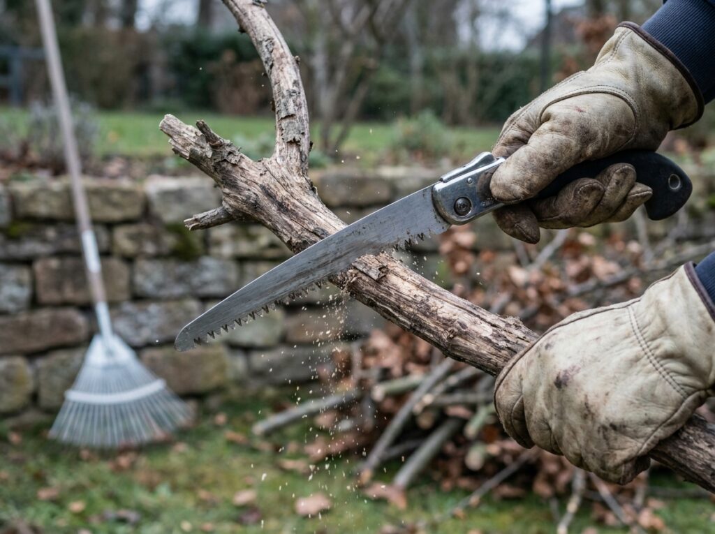 Gros plan sur une scie à main coupant une branche morte d'un chêne lors de la préparation des arbres pour l'hiver