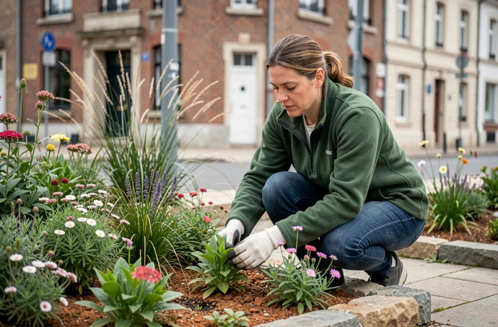 Paysagiste de Crea'Jardin aménageant une plate-bande fleurie dans un jardin urbain à Poitiers