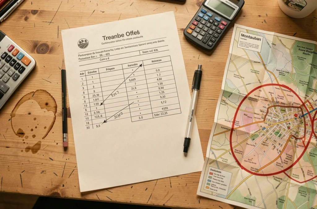 Devis d'élagage manuscrit sur un bureau avec carte de Montauban et outils de calcul pour une prestation arboricole