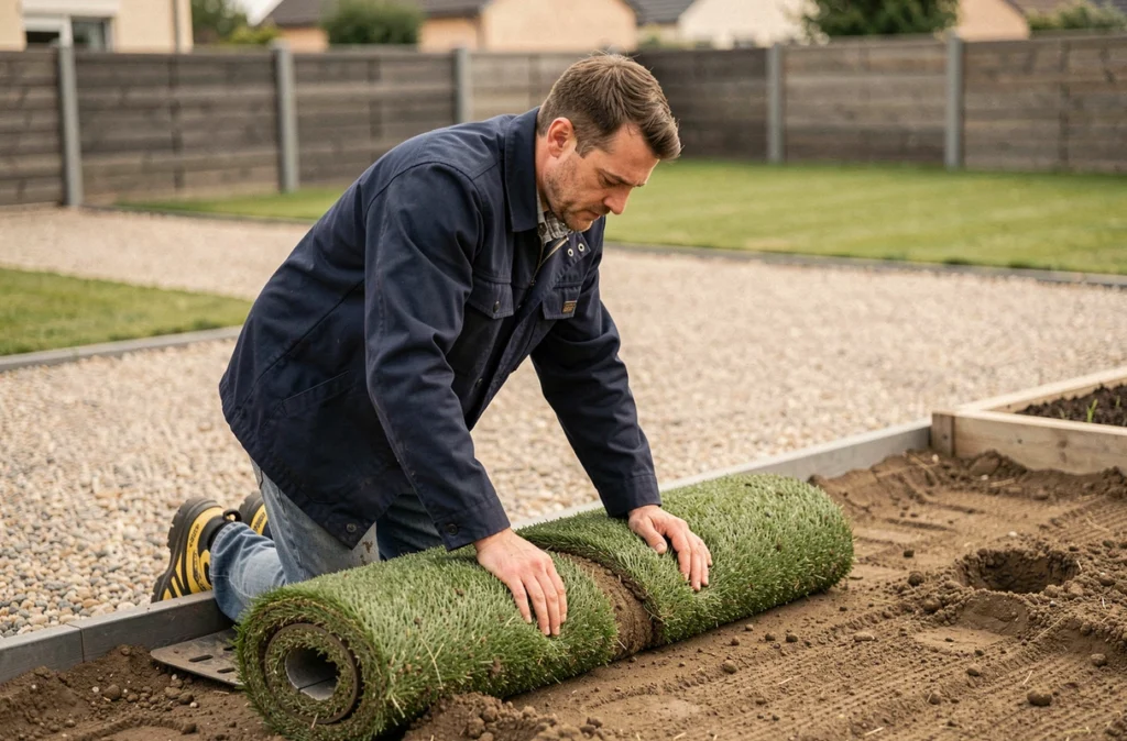Paysagiste de EIVE 86 posant des rouleaux de gazon dans un jardin résidentiel à Migné-Auxances
