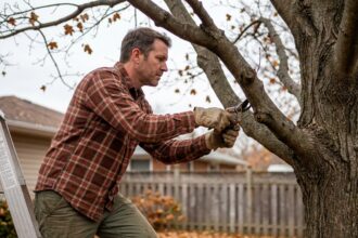 Homme en train d'élaguer un arbre dans son jardin avant l'hiver, portant des gants de travail et un sécateur