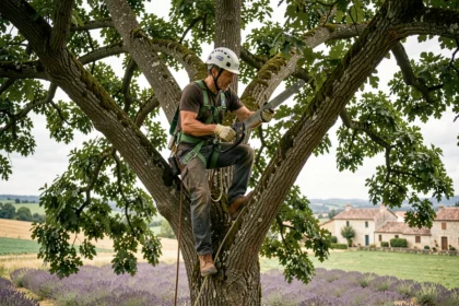 Élagueur certifié en train de tailler un grand chêne en hauteur dans la Drôme, équipé d'un harnais de sécurité professionnel