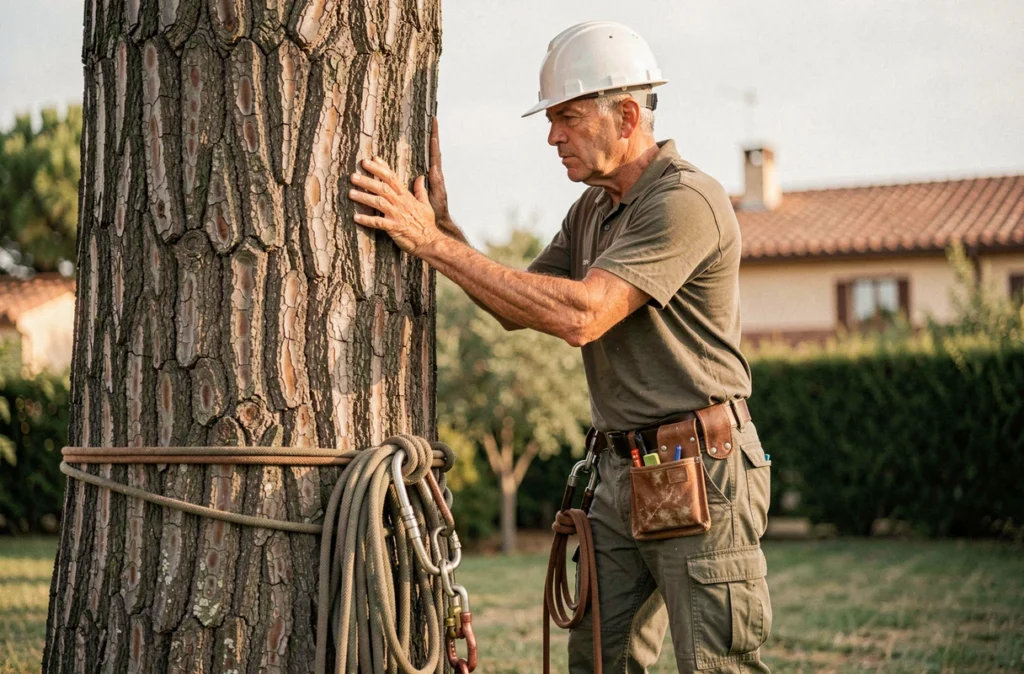 Élagueur inspectant le tronc d'un pin provençal dans un jardin résidentiel en Vaucluse