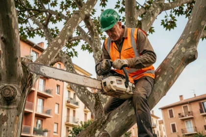 Élagueur professionnel en tenue de sécurité travaillant dans un platane en milieu urbain à Perpignan