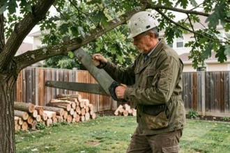 Élagueur professionnel taillant un chêne dans un jardin particulier dans le cadre d'un service d'élagage gratuit contre récupération du bois