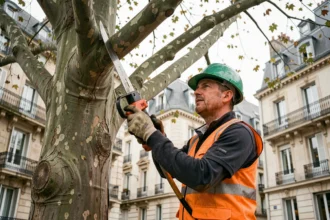 Élagueur professionnel en tenue de sécurité taillant un grand platane dans une rue résidentielle de Lyon
