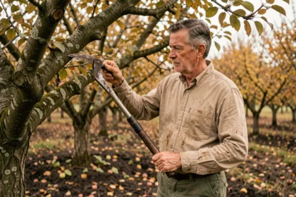 Un élagueur professionnel utilisant une serpe d'élagage pour tailler une branche dans un verger en automne