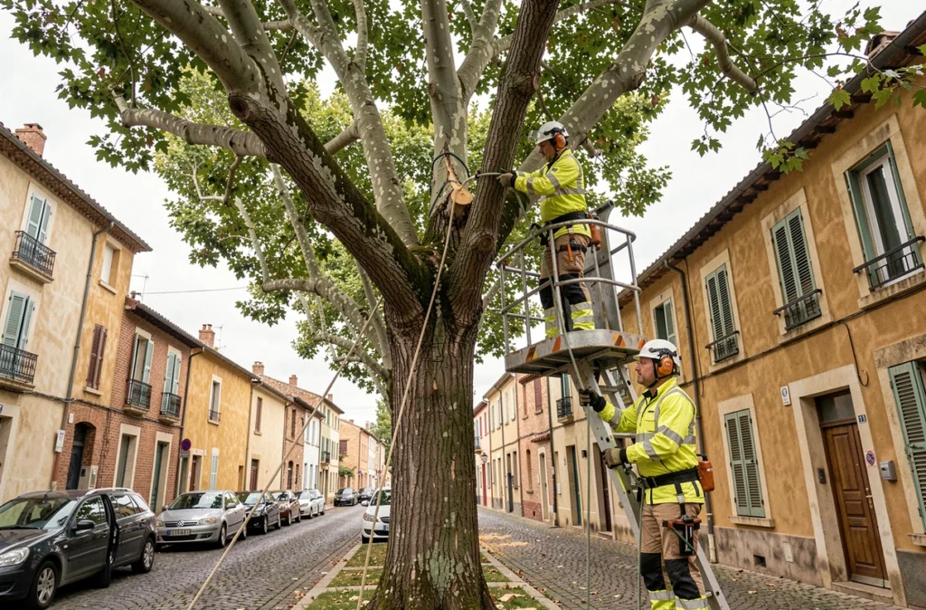 Deux élagueurs professionnels en train d'élaguer un platane sur une avenue résidentielle à Montauban avec nacelle élévatrice