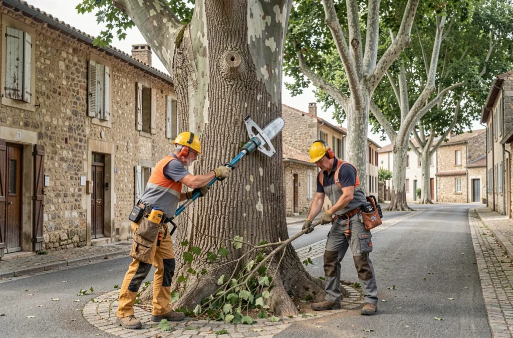 Deux élagueurs professionnels certifiés travaillant sur un platane en bord de route dans un village de la Drôme
