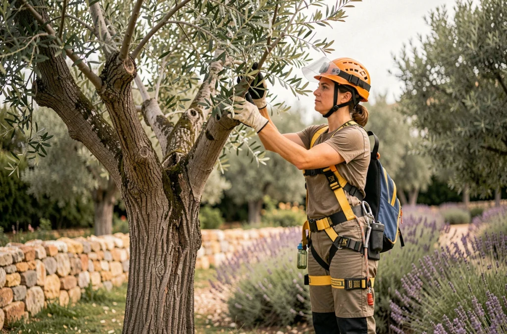Élagueuse inspectant un olivier dans un jardin résidentiel typique de la région de Perpignan