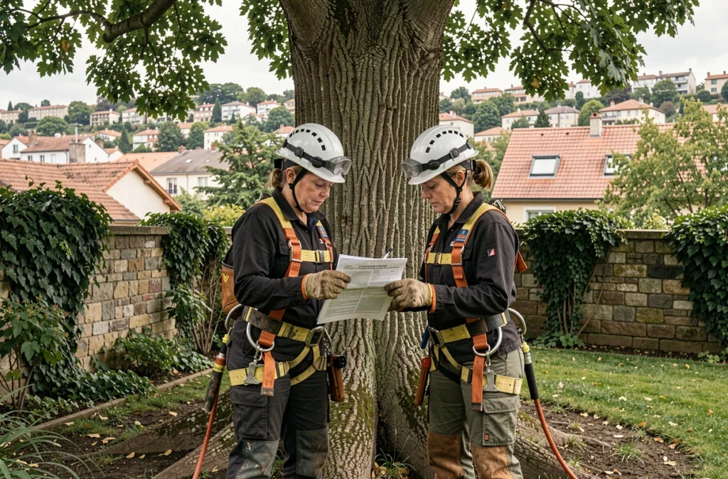 Deux élagueuses en harnais de sécurité consultant un plan de travail au pied d'un chêne dans un jardin lyonnais