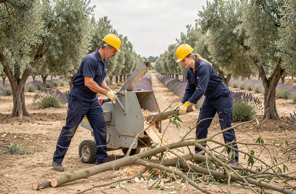 Deux élagueurs professionnels travaillant ensemble au broyage de branches dans un verger en Vaucluse