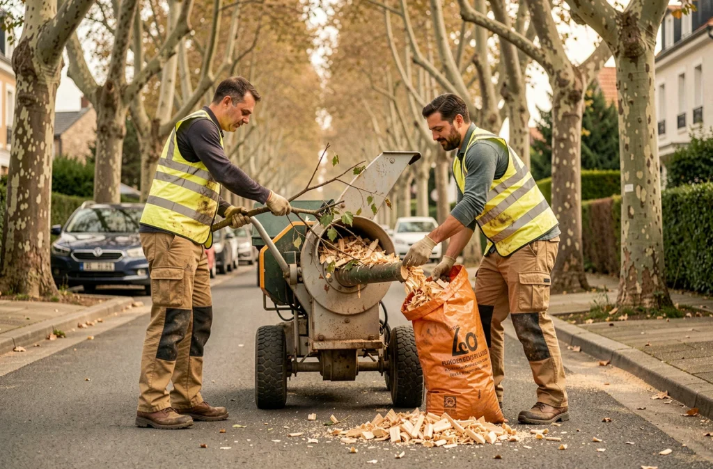 Deux élagueurs utilisant un broyeur de branches en milieu urbain lors d'une opération d'élagage gratuit contre récupération du bois de coupe