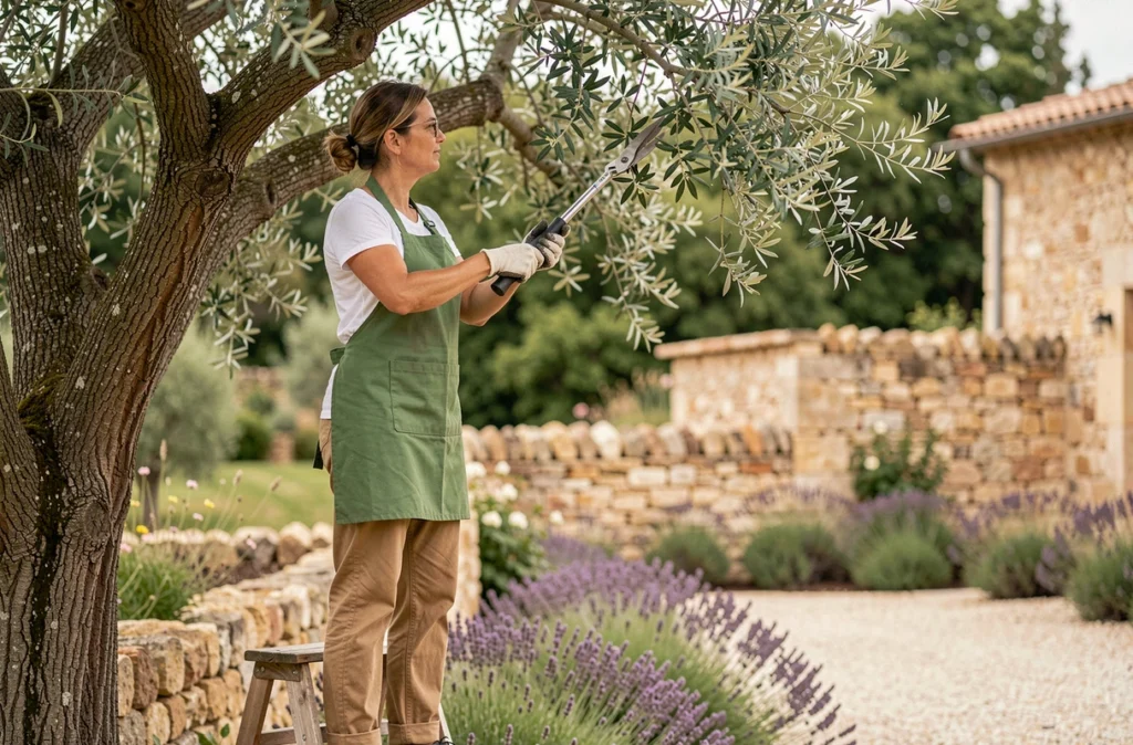 Femme jardinière utilisant un cisailles à long manche pour tailler un olivier en nuage dans un jardin provençal