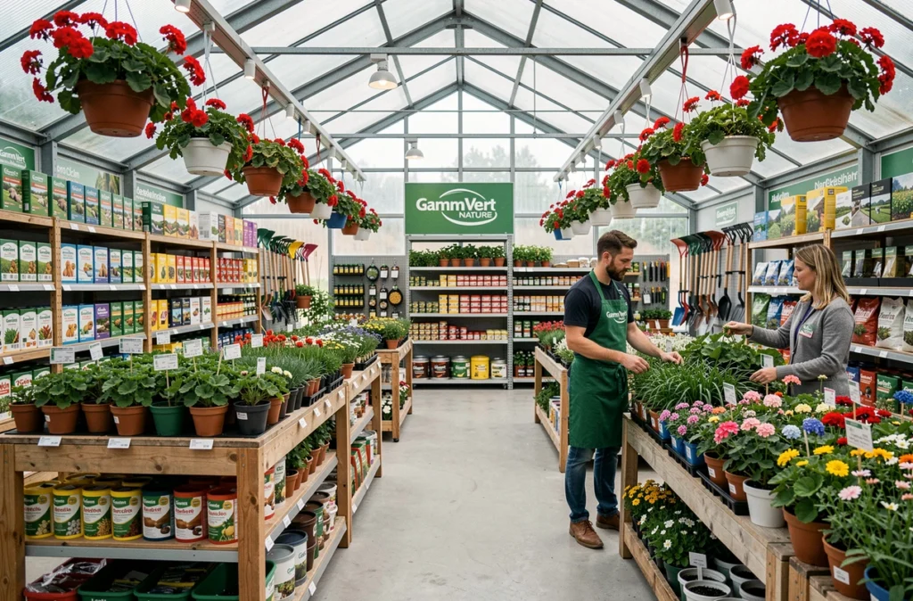 Intérieur du magasin Gamm Vert Nature de Seclin avec des rayons de plantes, paniers suspendus et un conseiller en jardinage