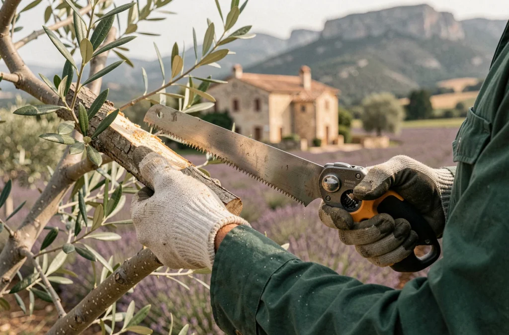 Gros plan sur les mains gantées d'un élagueur taillant un olivier dans le Vaucluse avec une scie professionnelle
