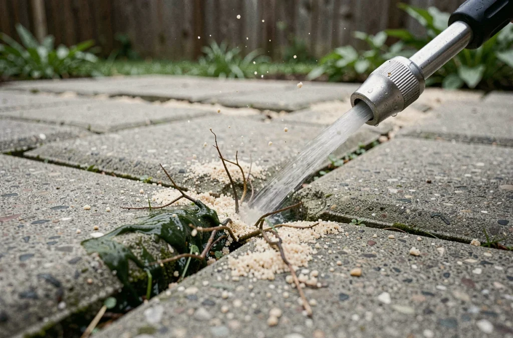 Gros plan sur un joint de pavé autobloquant traité au nettoyeur haute pression montrant l'érosion du sable et les mauvaises herbes