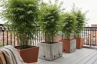 Haie de bambous non traçants en grands bacs sur un balcon urbain moderne avec terrasse en bois composite gris