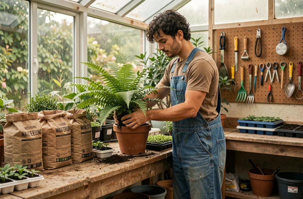 Hedoire Jérémy, jeune horticulteur indépendant, rempotant une fougère sur un établi en bois dans son atelier végétal