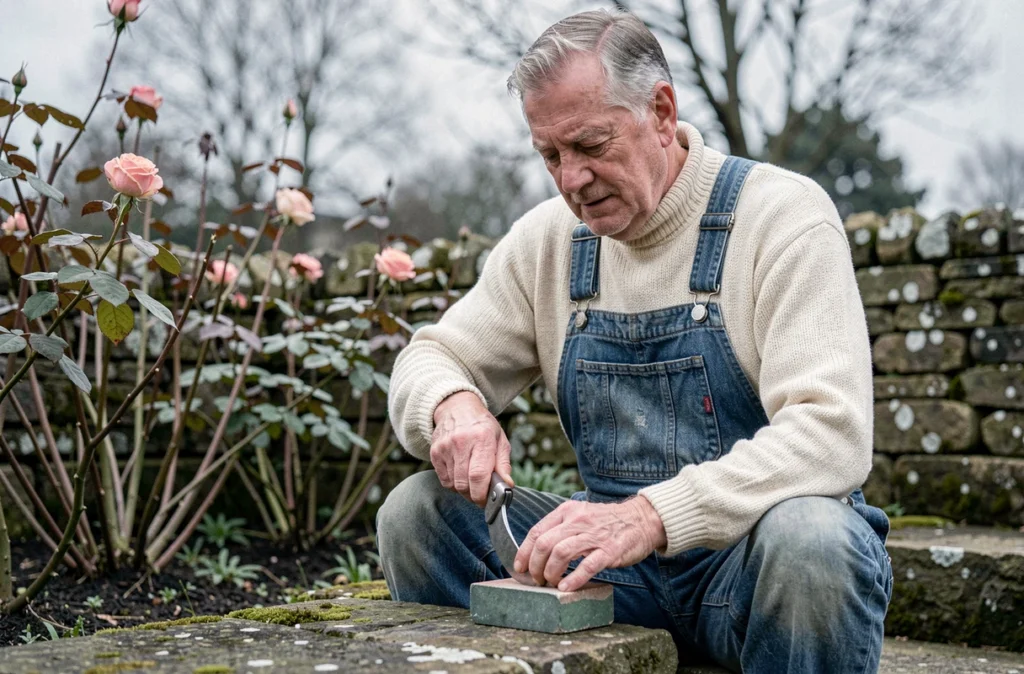 Un jardinier expérimenté affûtant sa serpe d'élagage avec une pierre à aiguiser dans un jardin de campagne en hiver