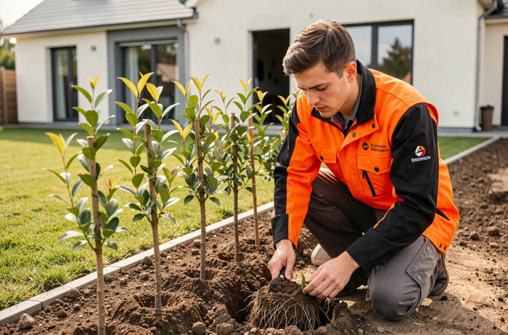 Paysagiste de Jonathan Parcs Et Jardins plantant une haie de charmes le long d'une limite de propriété dans la Vienne