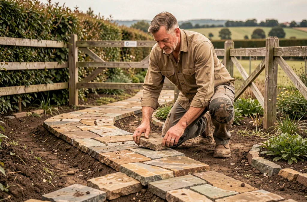 Paysagiste de Loosfeld Paysage construisant un chemin en pierre naturelle dans un jardin rural près de Sèvres-Anxaumont