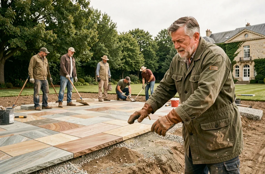 Philippe Loosfeld SARL dirigeant l'installation d'une terrasse en pierre dans un grand jardin privé de la Vienne