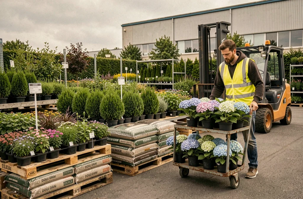 Centre horticole Mise Haut Vert dans le secteur de Douai avec des végétaux en vente en plein air et un employé chargeant des hydrangéas