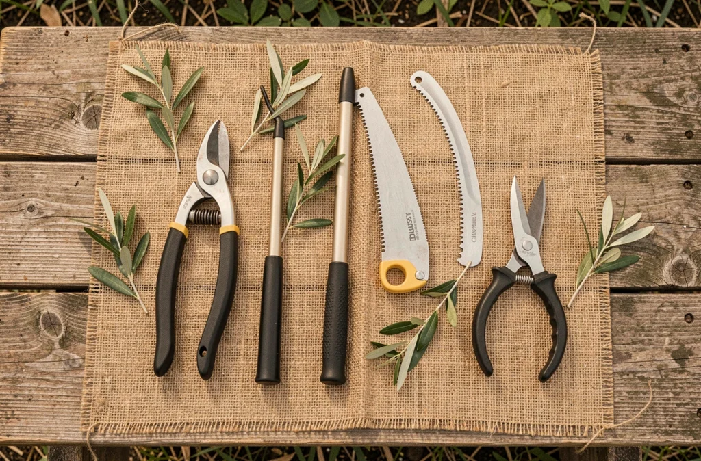 Ensemble d'outils professionnels pour tailler un olivier en forme nuage disposés sur un établi en bois
