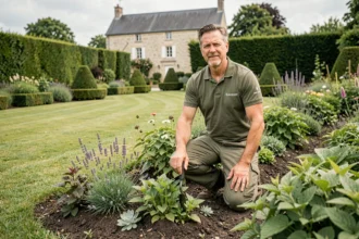 Paysagiste professionnel travaillant dans un jardin soigné de la Vienne, avec pelouse, haies taillées et maison en pierre en arrière-plan