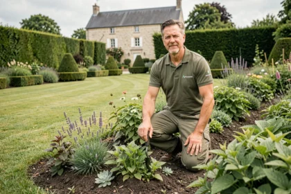 Paysagiste professionnel travaillant dans un jardin soigné de la Vienne, avec pelouse, haies taillées et maison en pierre en arrière-plan
