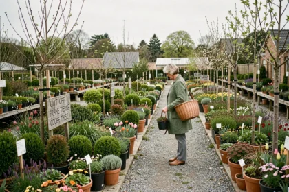 Vue panoramique d'une pépinière du Nord de la France au printemps avec des rangées de plantes en pot et des allées gravillonnées