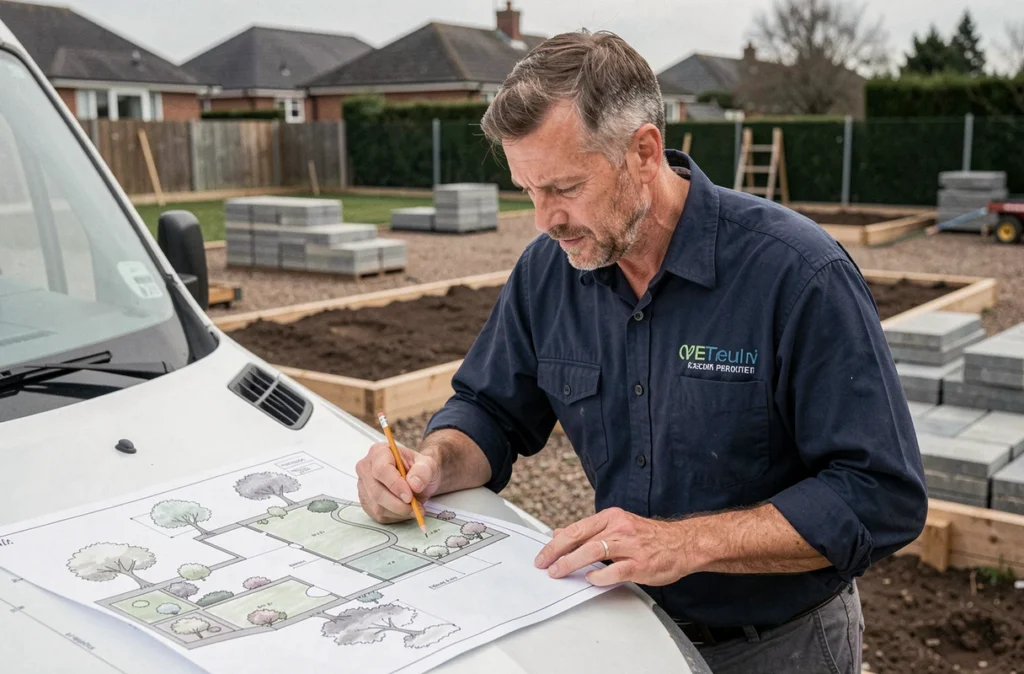 Paysagiste de PHPS consultant des plans de jardin détaillés devant un chantier d'aménagement dans la Vienne