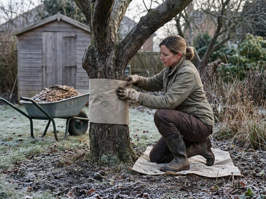 Femme protégeant le tronc d'un arbre fruitier avec une bande de protection avant les gelées hivernales