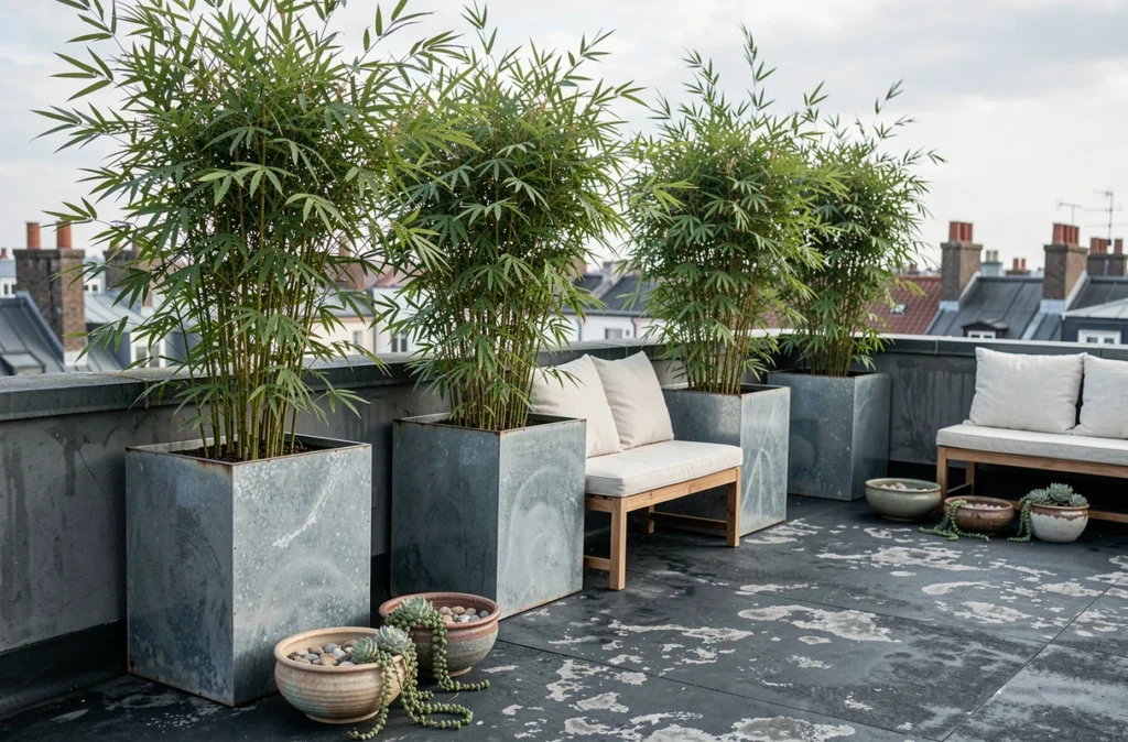 Rangée de bambous non traçants en bacs zinc formant un écran végétal naturel sur une terrasse en rooftop avec vue urbaine