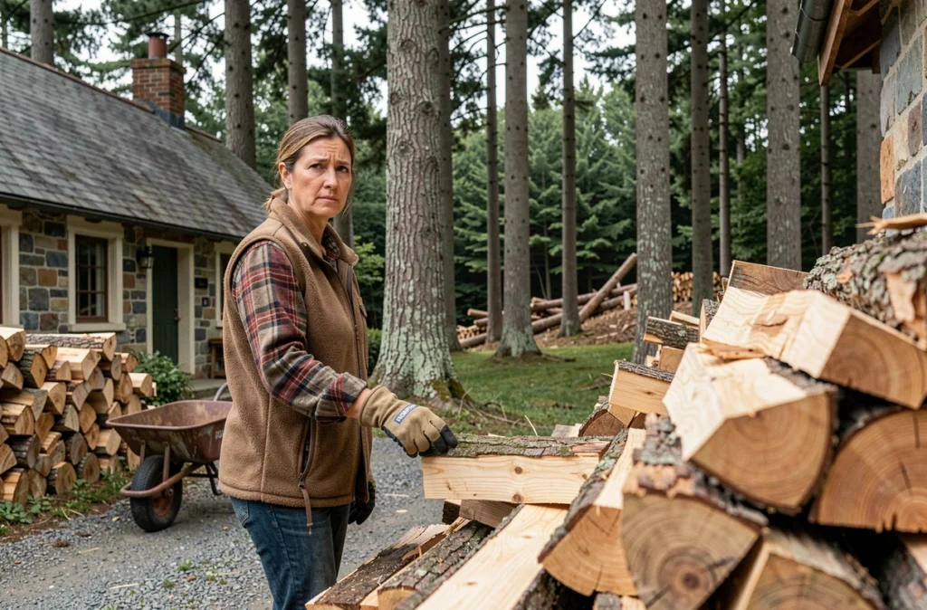 Femme empilant des bûches de bois récupérées après un élagage gratuit réalisé sur sa propriété rurale