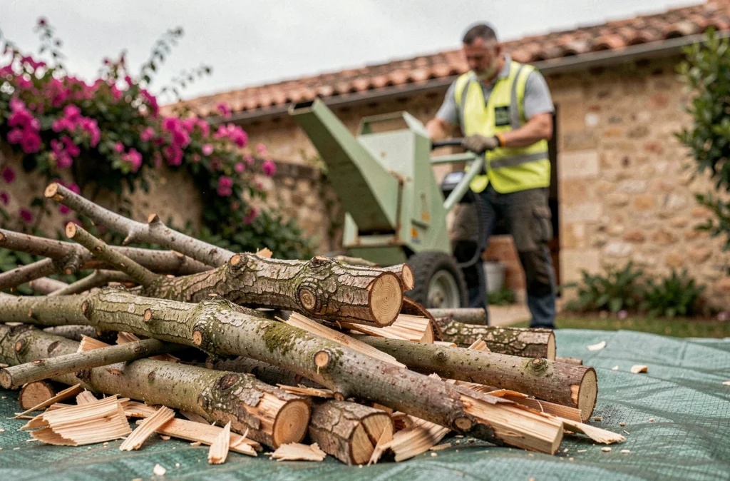 Branchages coupés et copeaux de bois après une intervention d'élagage dans un jardin de Perpignan