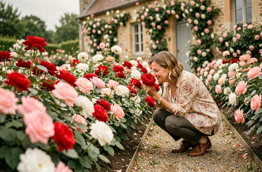 Roseraie de Verlinghem avec des rosiers en fleurs multicolores le long d'une allée soignée et une cliente appréciant les variétés