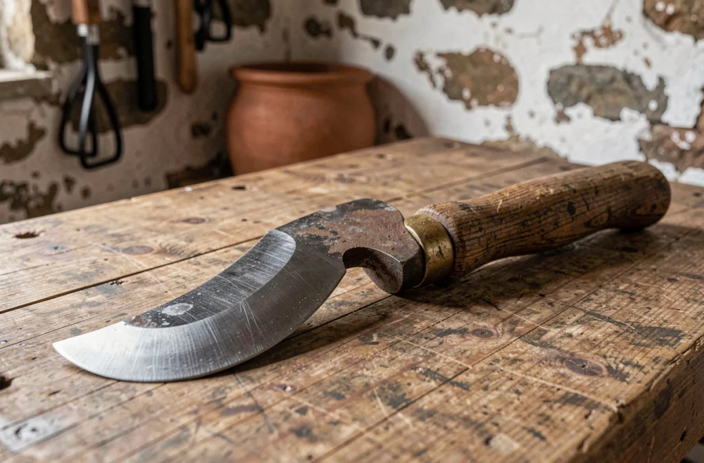 Gros plan d'une serpe d'élagage traditionnelle posée sur un établi en bois dans un atelier de jardinier