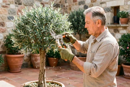 Jardinier taillant un olivier en nuage avec un sécateur professionnel dans un jardin méditerranéen