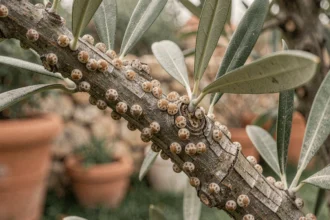 Gros plan sur des branches d'olivier infestées de cochenilles, avec des amas de parasites blanchâtres visibles sur l'écorce et les feuilles