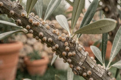 Gros plan sur des branches d'olivier infestées de cochenilles, avec des amas de parasites blanchâtres visibles sur l'écorce et les feuilles