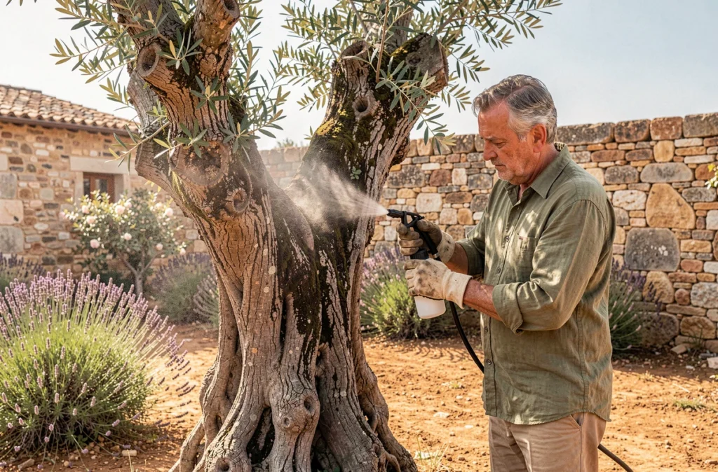 Jardinier appliquant un traitement insecticide naturel sur un olivier adulte pour lutter contre une infestation de cochenilles dans un jardin méditerranéen
